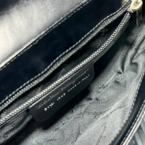 SALVATORE FERRAGAMO Black Leather Handbag Clutch Silver Hardware Shoulder Bag